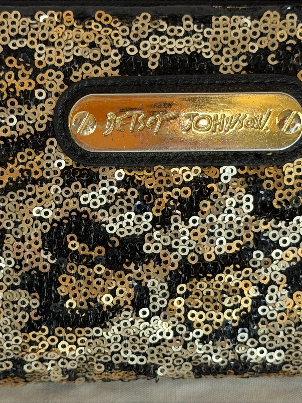 Betsey Johnson Black and Gold Sequin Wallet with Gold Nameplate